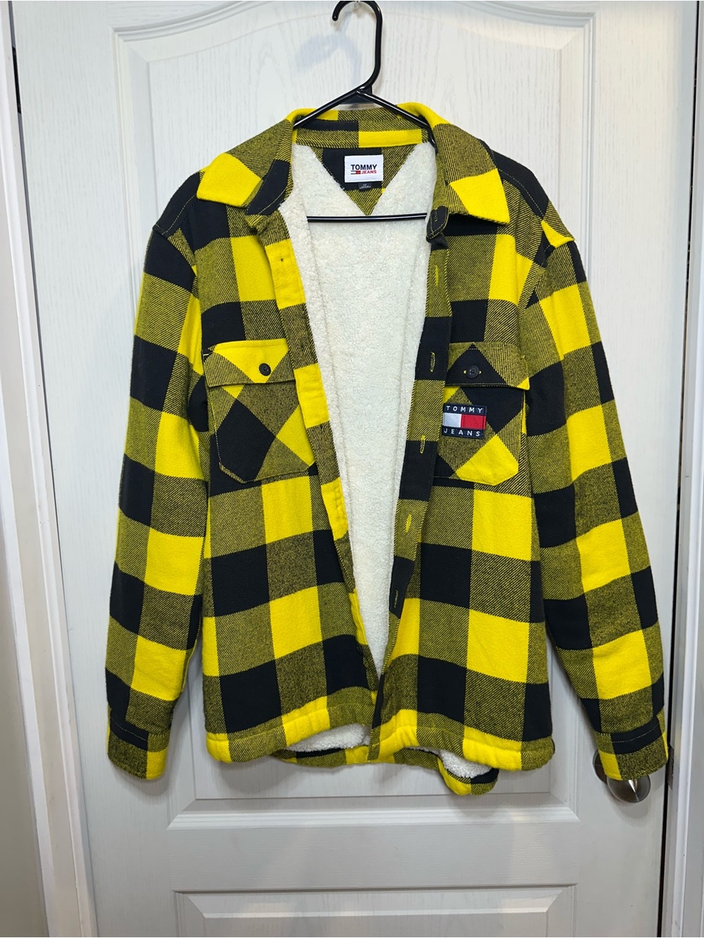 Tommy Jeans Yellow & Black Plaid Sherpa-Lined Flannel Shirt Jacket in Size Smal
